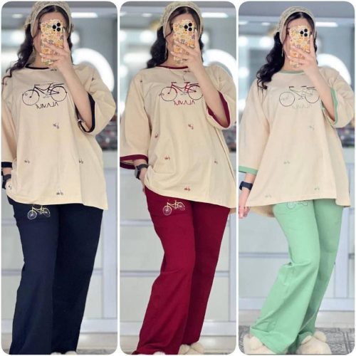 تیشرت شلوار بگ دوچرخه گلدوزی کد 137463 - خرید ست تیشرت شلوار زنانه عمده