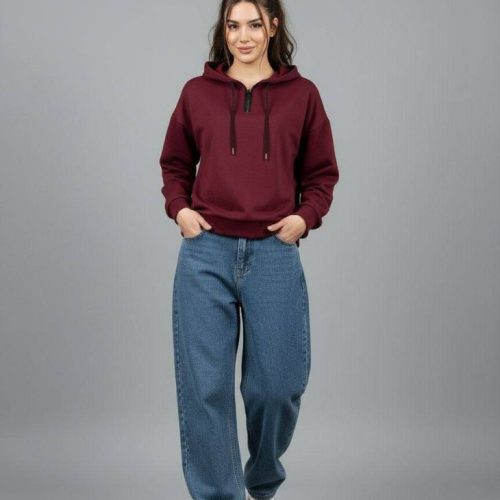 هودی باکسی کلاهدار نیم زیپ بهترین و باکیفیت ترین پارچه کرکی کد 138062 - خرید بلوز تک زنانه عمده