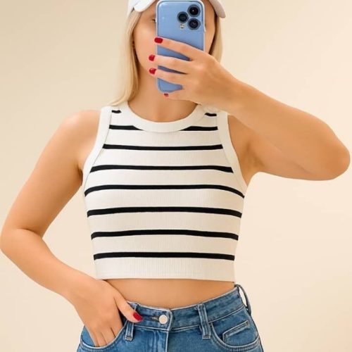 کراپ نیم تنه حلقه ای خطی کد 138969 - خرید تاپ و تیشرت زنانه عمده